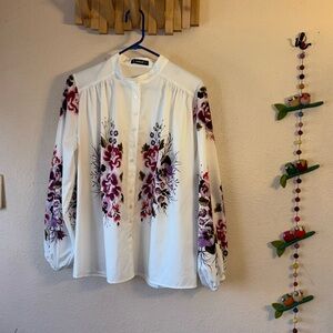 Sheilay NWOT white floral ruffle Button-down Blouse balloon sleeve with elastic